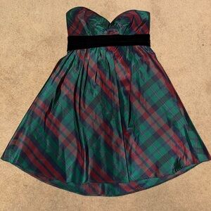 Kay Unger Strapless Plaid Dress - Green and Red